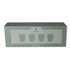 A box containing four ribbed glass tumblers in soft green hues, featuring a logo on the front.