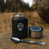 A drink bottle in matte black with a stainless steel lid and a spoon beside it, featuring a logo.