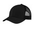 A black retro trucker cap with a solid front panel and mesh back. It features a logo on the front.