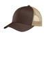 A brown and khaki retro trucker cap with a mesh back and a logo on the side.