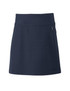 A navy skort featuring a flat waistband and side zip pockets, with a logo on the hem. A navy skort featuring a flat waistband and side zip pockets, with a logo on the hem.