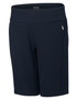 A pair of navy blue dress shorts featuring a smooth waistband and a side pocket. The shorts have a logo on the side.