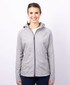 A grey full zip ladies' jacket with a hood, featuring a branded logo on the front. A grey full zip ladies' jacket with a hood, featuring a branded logo on the front.