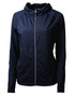 A navy ladies full zip jacket with a hood and zip-up front. It features a subtle branding logo. A navy ladies full zip jacket with a hood and zip-up front. It features a subtle branding logo.