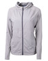 A light grey full zip jacket for women with a hood and a logo, featuring a fitted design. A light grey full zip jacket for women with a hood and a logo, featuring a fitted design.
