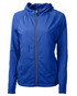 A blue ladies' full zip jacket with a hood and a zippered front, featuring a logo on the chest. A blue ladies' full zip jacket with a hood and a zippered front, featuring a logo on the chest.
