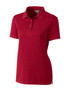 A red ladies' polo shirt featuring a collar, three buttons, and a logo on the chest.