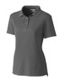 A grey women’s polo shirt featuring a collared design and a logo on the chest. Suitable for casual wear.