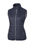 A dark grey puffer vest with a zip front and high collar, featuring two side pockets and a branding logo.