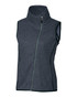 A grey sleeveless vest with a high collar and a front zip. It features contrasting trim.