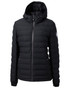 A black Ladies Mission Ridge Puffer Jacket with a hood and zippered pockets, featuring a logo on the sleeve.