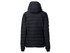 A black puffer jacket with a hood, featuring a quilted design and elastic cuffs, alongside a logo.