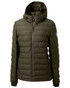 A green puffer jacket with a hood, featuring zippered pockets and a logo on the sleeve.