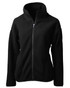 A black eco Sherpa jacket with a zip front and high collar, featuring a logo on the sleeve. A black eco Sherpa jacket with a zip front and high collar, featuring a logo on the sleeve.