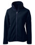 A dark navy eco-friendly Sherpa jacket with a high collar and a zippered front, featuring a logo. A dark navy eco-friendly Sherpa jacket with a high collar and a zippered front, featuring a logo.