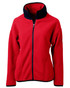 A red eco sherpa jacket with a navy collar and zip closure, featuring a logo on the sleeve. A red eco sherpa jacket with a navy collar and zip closure, featuring a logo on the sleeve.
