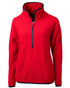A red eco-friendly half zip jacket with a high collar and contrasting navy trim. Features a logo on the sleeve. A red eco-friendly half zip jacket with a high collar and contrasting navy trim. Features a logo on the sleeve.