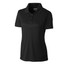 A black ladies polo shirt with a collar, short sleeves, and a logo on the front.