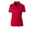A red ladies polo shirt featuring a collar, short sleeves, and a logo on the fabric.