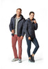 A navy puffer jacket with a hood, worn by a man and a woman, featuring a logo on the left side.