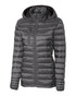A ladies' puffer jacket in dark grey, featuring a full zip and hood, with one zip pocket and a logo.