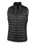 A black padded vest with a high collar and zippered front, featuring a logo on the chest area. A black padded vest with a high collar and zippered front, featuring a logo on the chest area.