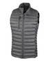 A grey puffer vest with a zip front, featuring a high collar and branding on the inside. A grey puffer vest with a zip front, featuring a high collar and branding on the inside.
