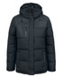 A black puffer jacket with a hood, featuring a zip pocket and adjustable drawstrings. It has a logo on it.