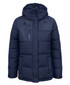 A navy puffer jacket with a hood, featuring pockets and a zip front, and a logo on the chest.