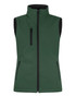 A green ladies' softshell vest with a high collar and three pockets, featuring black accents.