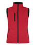 A red softshell vest featuring a full zip, two side pockets, and a chest pocket. It has a logo on it.