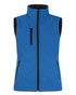 A blue softshell vest with a high collar and zippered pockets, featuring a black interior. It has a logo on it.