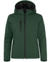 A green softshell jacket featuring a hood, zippered front, and multiple zippered pockets. It has a branding logo.