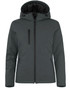 A dark green softshell jacket with a hood and zippered pockets, featuring a logo on the chest.
