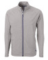 A full zip jacket in grey with long sleeves and a stand-up collar, featuring a logo.