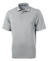 A grey men's polo shirt with a three-button placket and a logo on the chest.