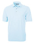 A striped polo shirt in light blue and white, featuring a collar and a logo. Short sleeves and a buttoned placket.