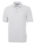 A Men's Virtue Eco Pique Stripe Polo in grey and white stripes, featuring a collar and buttons, with a logo.