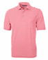 A red and white striped polo shirt with a collar and three buttons, featuring a logo.