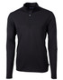 A black half-zip jacket with long sleeves, featuring a logo and a smooth, eco-friendly fabric. A black half-zip jacket with long sleeves, featuring a logo and a smooth, eco-friendly fabric.
