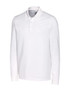 A long sleeve polo shirt in white, featuring a collar and buttons, with a logo on the chest.