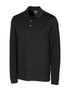 A black long sleeve polo shirt featuring a collar and buttons, with a small logo on the chest.