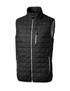 A black quilted vest with a high collar, featuring zippered pockets and a logo.