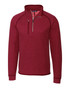 A red half zip jacket made of polar fleece, featuring a zippered collar and long sleeves, with a logo. A red half zip jacket made of polar fleece, featuring a zippered collar and long sleeves, with a logo.