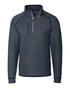 A navy polar fleece half zip jacket featuring a collar and a logo on the chest. A navy polar fleece half zip jacket featuring a collar and a logo on the chest.