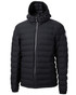 A black puffer jacket featuring a hood and a logo on the sleeve. It has a zip front and is quilted. A black puffer jacket featuring a hood and a logo on the sleeve. It has a zip front and is quilted.