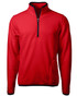 A red men's half zip fleece jacket with a textured finish and a black zip. It features a logo on the chest. A red men's half zip fleece jacket with a textured finish and a black zip. It features a logo on the chest.