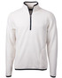 A white half-zip pullover jacket made of eco-friendly Sherpa material, featuring side pockets and a branding logo. A white half-zip pullover jacket made of eco-friendly Sherpa material, featuring side pockets and a branding logo.