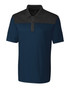 Men's polo shirt featuring a navy blue and black colourblock design, with a collared neckline and three-button front.