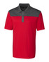 Men's polo shirt featuring a bold red body with a contrasting grey colourblock on the shoulders and collar. Includes a logo.